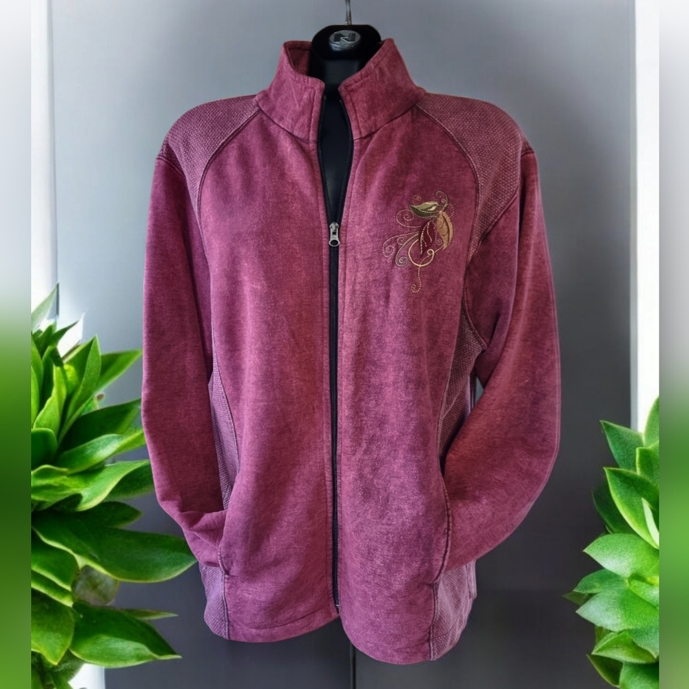 FINE THREADS Vintage Embroidered Zip-Up Cotton Sweatshirt Sweater